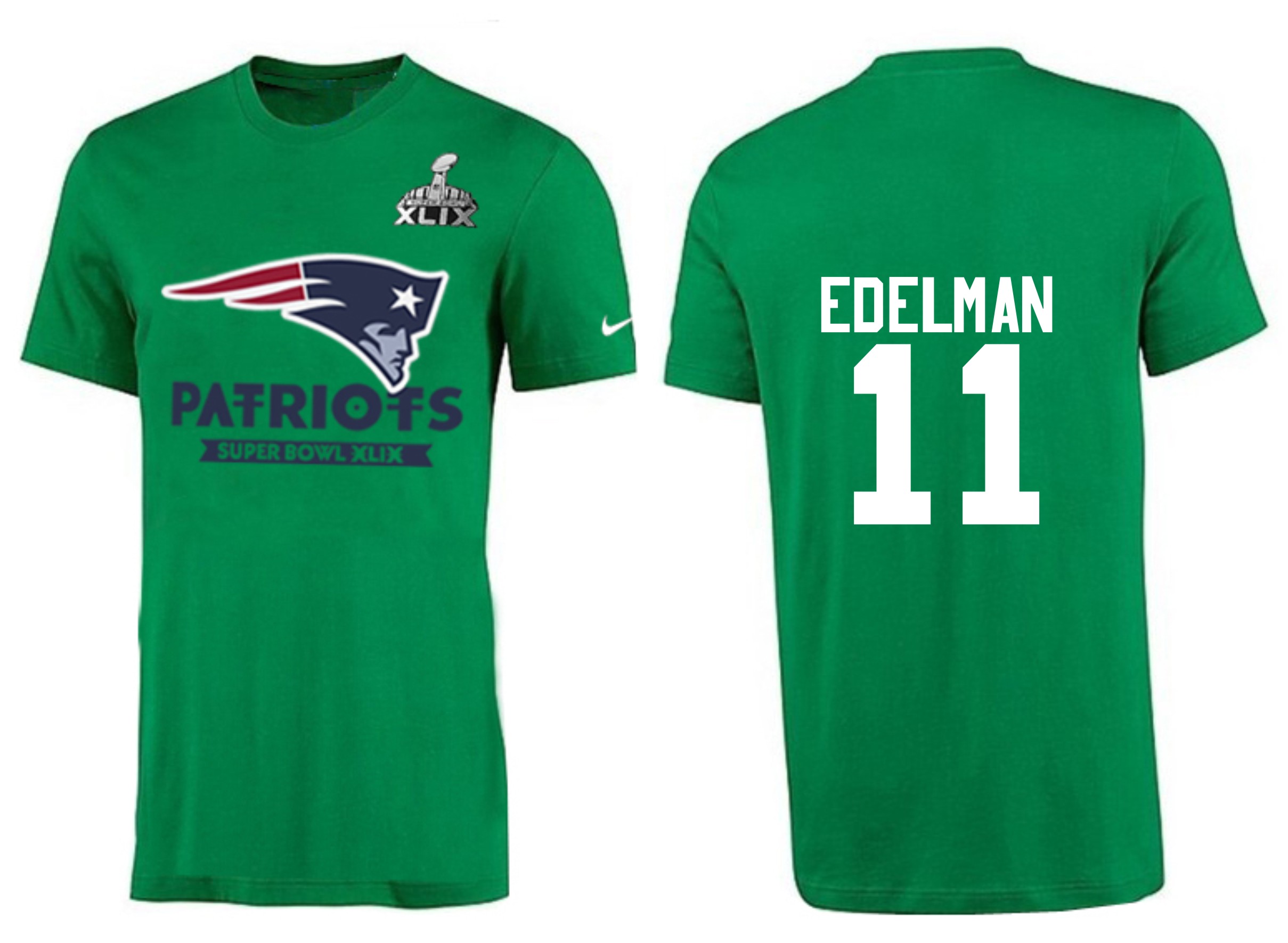 Mens New England Patriots #11 Edelman Green Superbowl T-Shirt