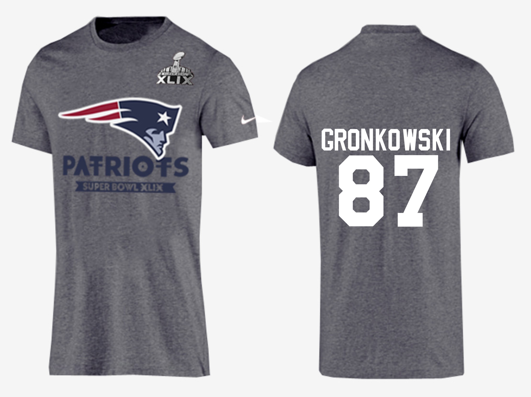 Mens New England Patriots #87 Gronkowski Grey Superbowl T-Shirt