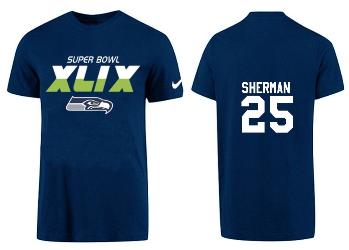 Mens Seattle Seahawks #25 Sherman Superbowl D.Blue T-Shirt