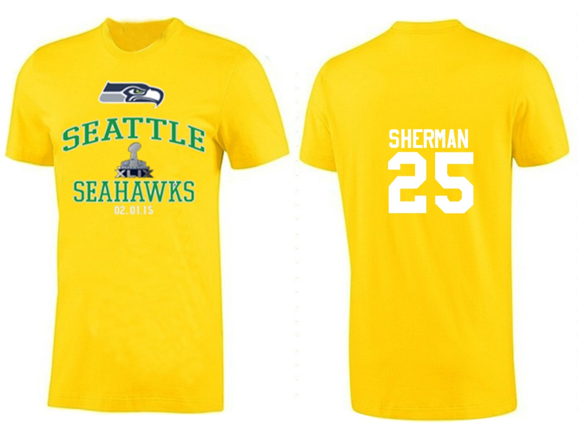 Mens Seattle Seahawks #25 Sherman Superbowl Yellow T-Shirt