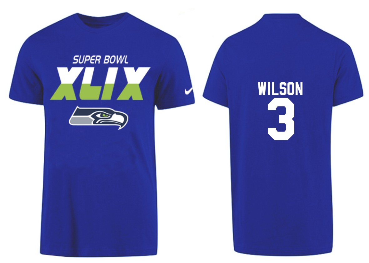 Mens Seattle Seahawks #3 Wilson Blue Superbowl T-Shirt