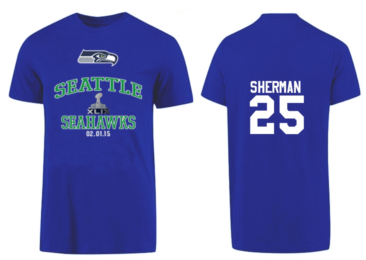 Mens Seattle Seahawks #25 Sherman Superbowl Blue T-Shirt