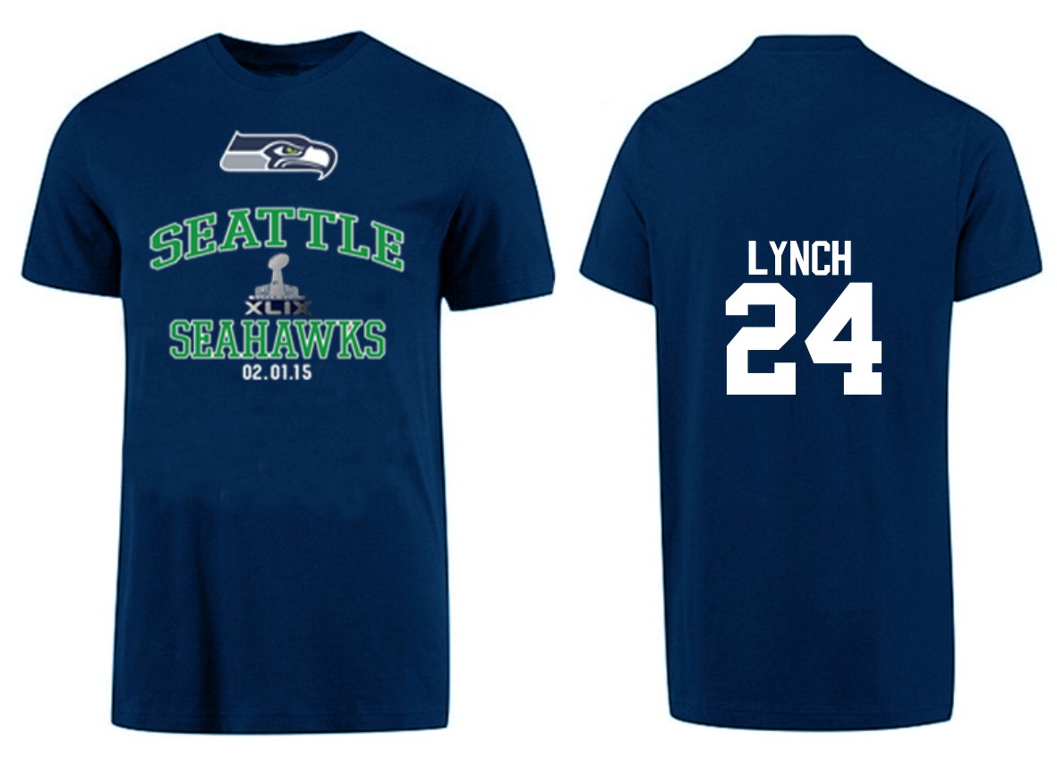 Mens Seattle Seahawks #24 Lynch Superbowl T-Shirt D.Blue
