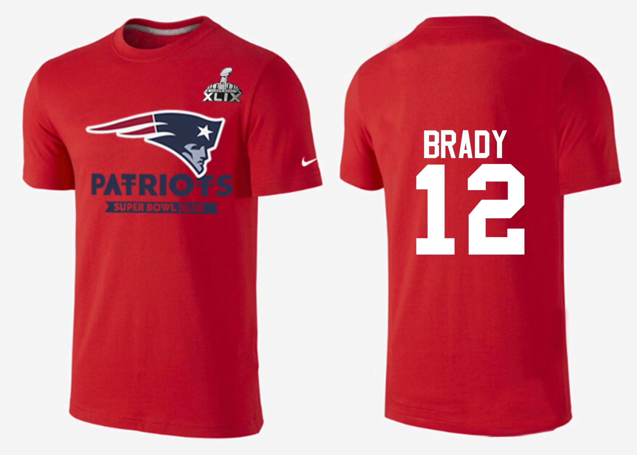 Mens New England Patriots #12 Brady Red Superbowl T-Shirt