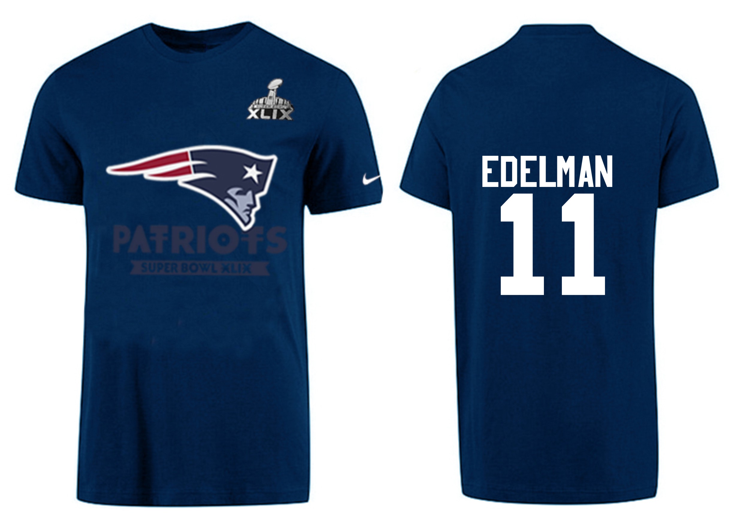 Mens New England Patriots #11 Edelman D.Blue Superbowl T-Shirt