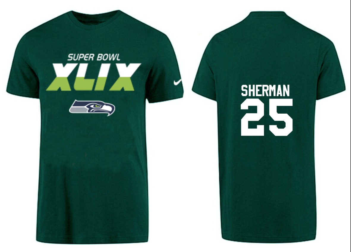 Mens Seattle Seahawks #25 Sherman Superbowl Green Color T-Shirt