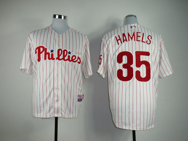 MLB Philadephia Phillis #35 Hamels White Red Pinstripe Jersey