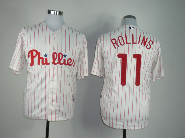 MLB Philadephia Phillis #11 Rollins White Red Pinstripe Jersey