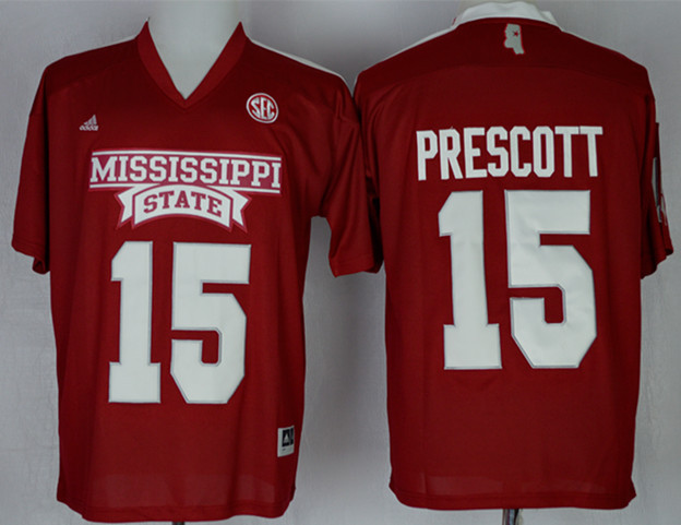 Mississippi State Bulldogs Prescott 15 College Football Techfit Jerseys-Red 