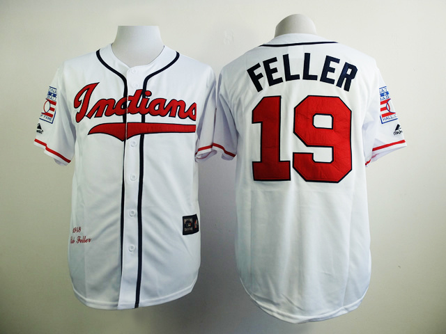 MLB Cleveland Indians #19 Feller White Throwback Jersey with Hall of Fame Patch