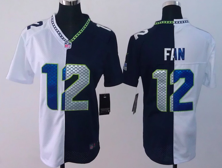 Women Nike Seattle Seahawks #12 Fan White Blue Half and Half Jersey