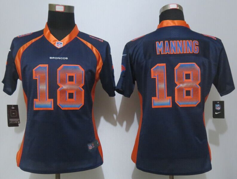 Women New Nike Denver Broncos 18 Manning Navy Blue Strobe Elite Jersey