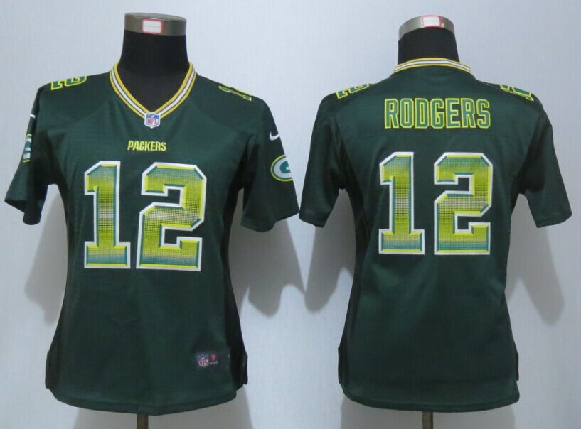 Women New Nike Green Bay Packers 12 Rodgers Green Strobe Elite Jersey