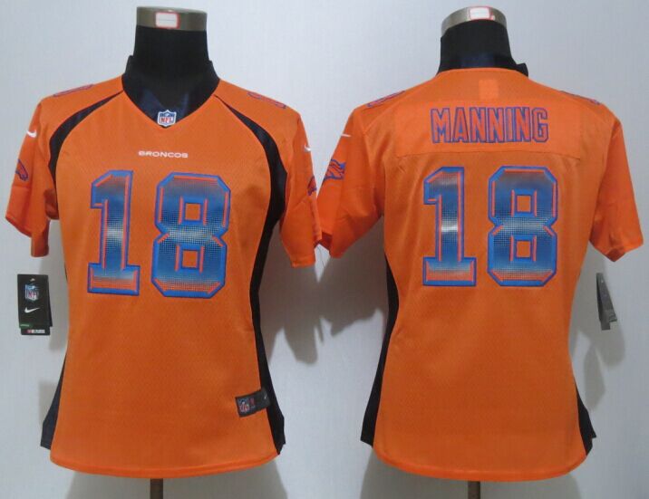 Women New Nike Denver Broncos 18 Manning Orange Strobe Elite Jersey