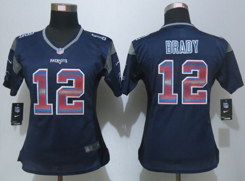 Women New Nike England Patriots 12 Brady Navy Blue Strobe Elite Jersey