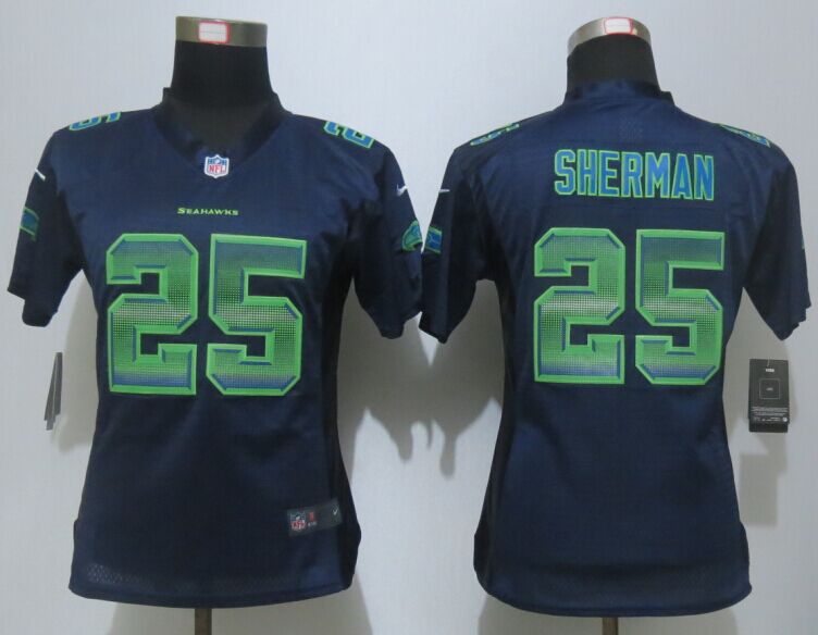 Women New Nike Seattle Seahawks 25 Sherman Navy Blue Strobe Elite Jersey