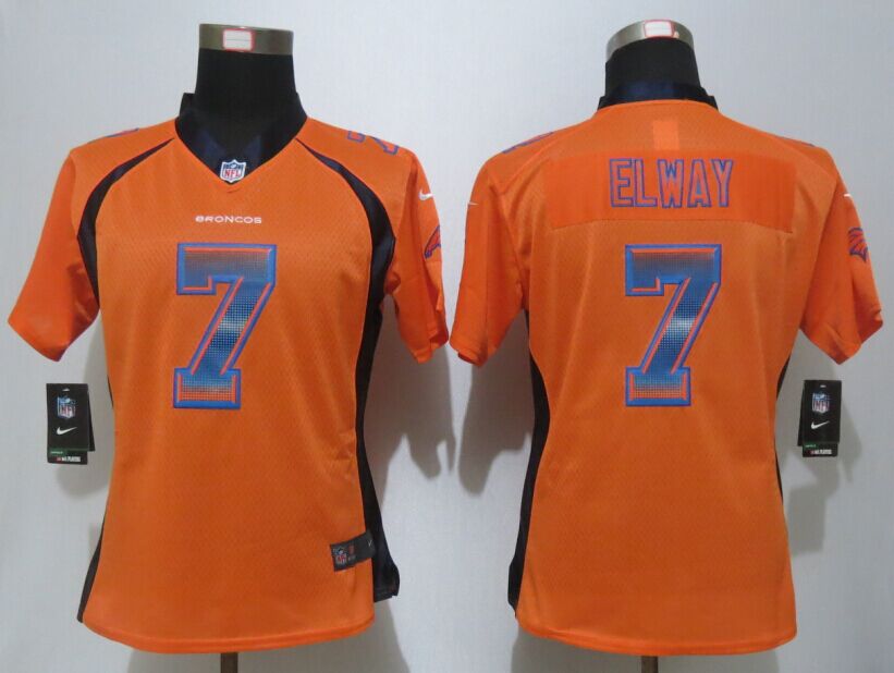 Women New Nike Denver Broncos 7 Elway Orange Strobe Elite Jersey