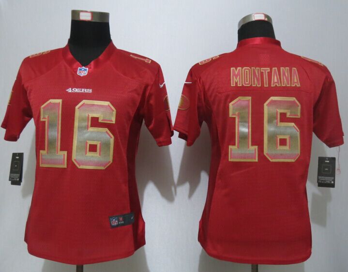 Women New Nike San Francisco 49ers 16 Montana Red Strobe Elite Jersey 