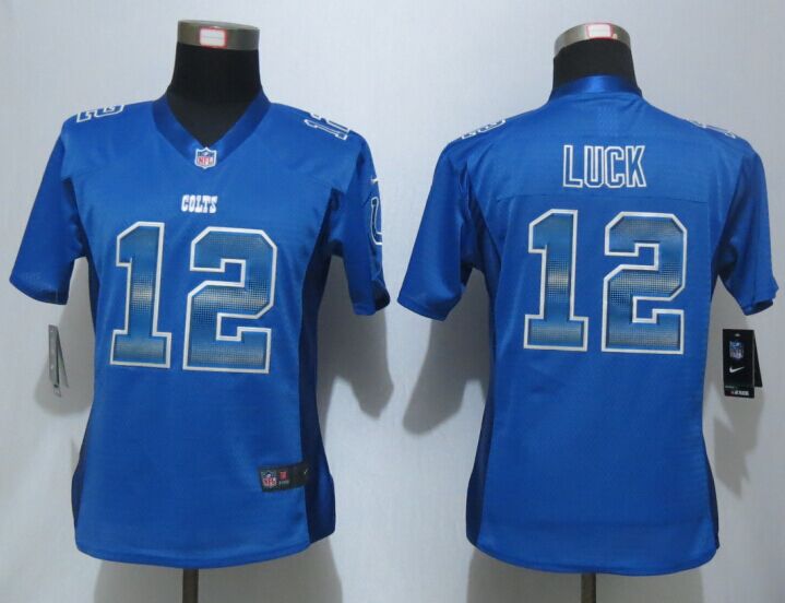 Women New Nike Indianapolis Colts 12 Luck Blue Strobe Elite Jersey