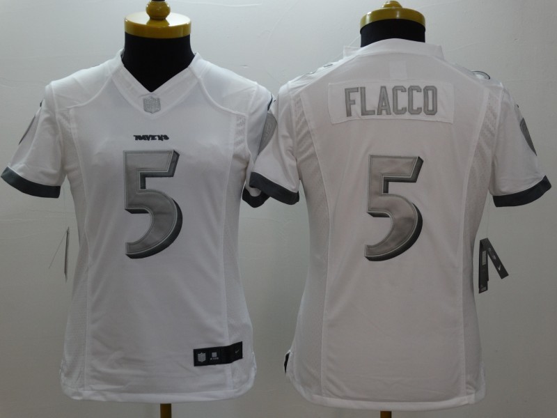 Nike Baltimore Ravens #5 Flacco White Womens Platinum Jersey