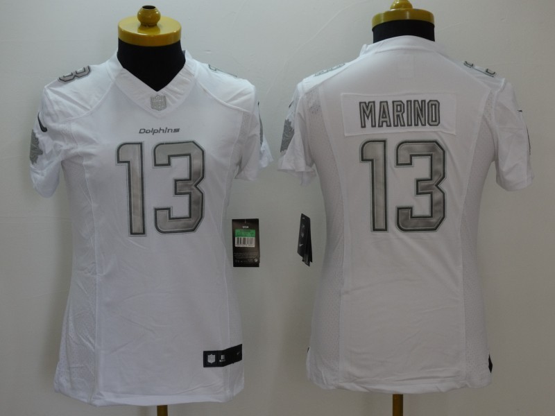 Nike Miami Dolphins #13 Marino White Womens Platinum Jersey