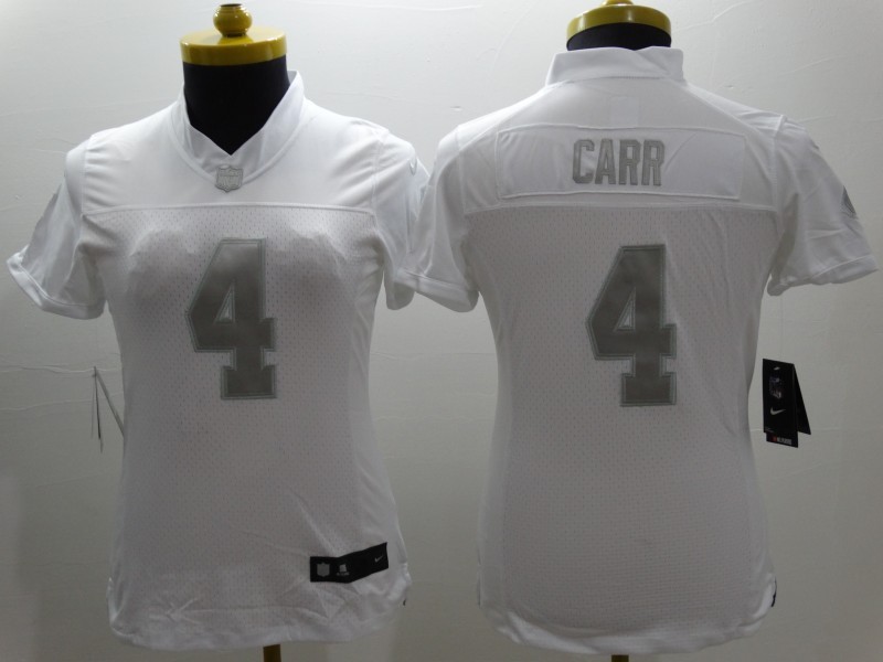 Nike Oakland Raiders #4 Carr White Womens Platinum Jersey