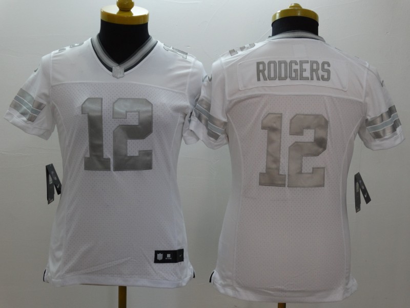 Nike Green Bay Packers #12 Rodgers White Womens Platinum Jersey