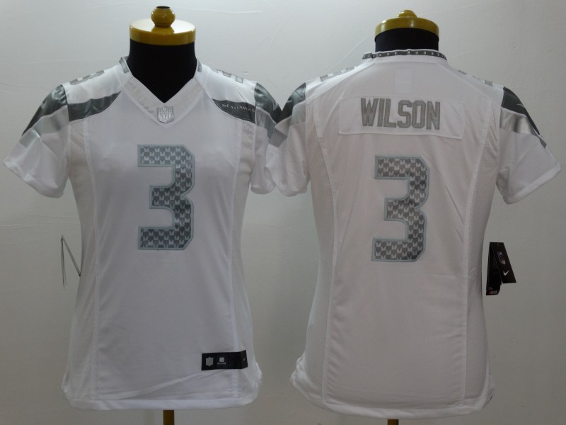 Nike Seattle Seahawks #3 Wilson White Womens Platinum Jersey