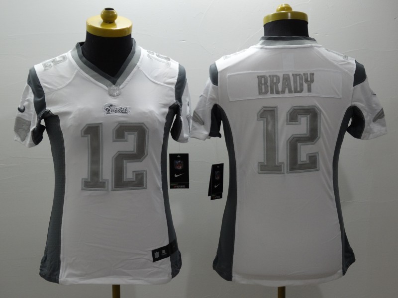 Nike New England Patriots #12 Brady White Womens Platinum Jersey