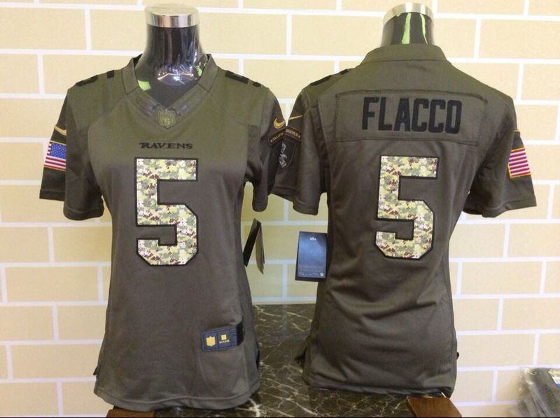 Womens NFL Baltimore Ravens #5 Flacco Salute for Service Green Jersey