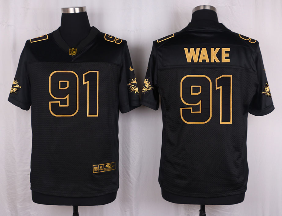 Mens Miami Dolphins #91 Wake Pro Line Black Gold Collection Jersey