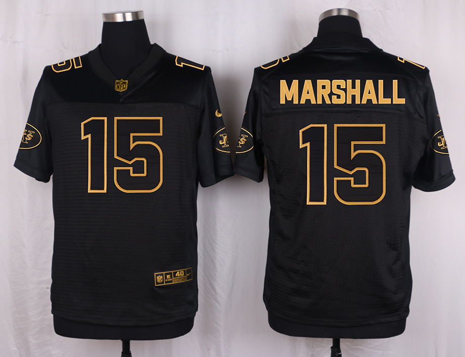 Mens New York Jets #15 Marshall Pro Line Black Gold Collection Jersey