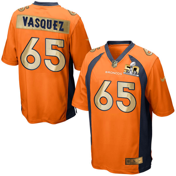 NFL Denver Broncos #65 Vasquez Orange Elite Jersey 50th Superbowl Patch