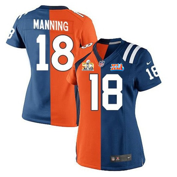 Women Denver Broncos #18 Manning Orange Blue Half and Half 50th Jersey