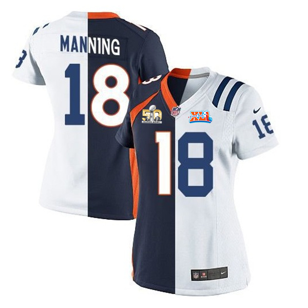 Women Denver Broncos #18 Manning White Blue Half and Half 50th Jersey