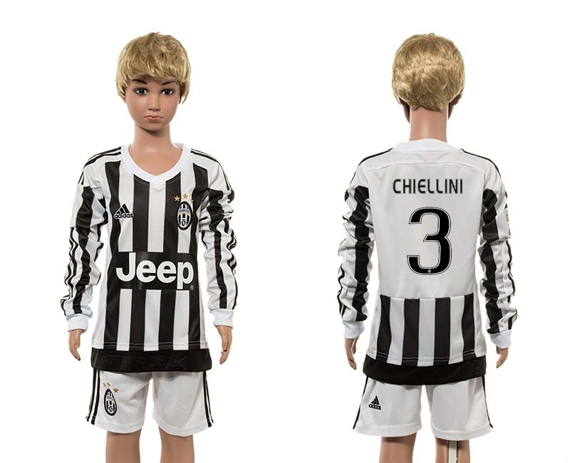 15-16 Soccer Club Juventus #3 Chiellini Long-Sleeve Kids Jersey