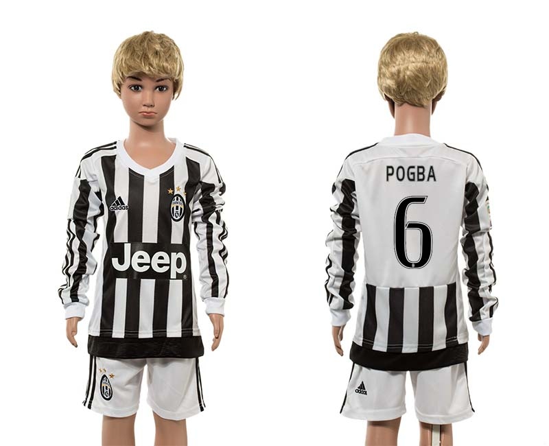 15-16 Soccer Club Juventus #6 Pogba Long-Sleeve Kids Jersey