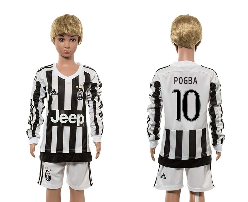 15-16 Soccer Club Juventus #10 Pogba Long-Sleeve Kids Jersey