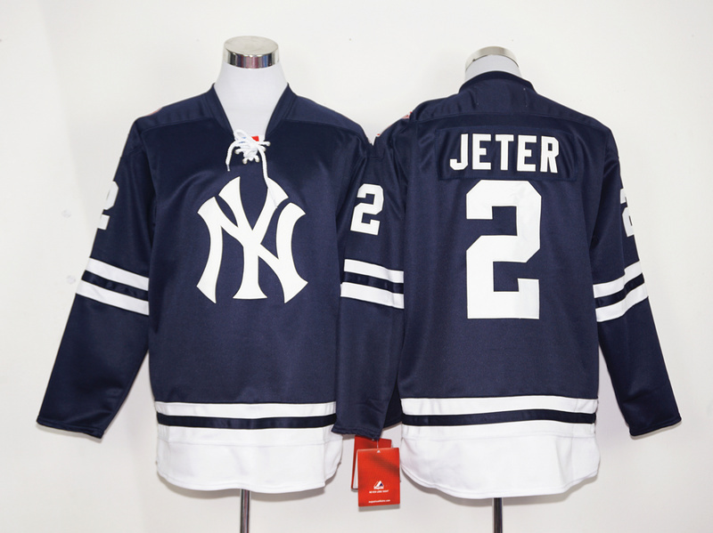 MLB New York Yankees #2 Jeter D.Blue Long-Sleeve Jersey