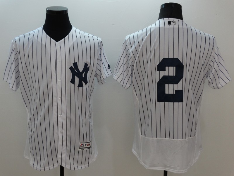 Majestic MLB New York Yankees #2 Jeter White Elite Pinstripe Jersey