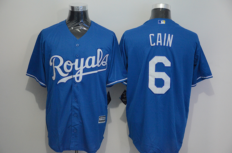 Majestics MLB Kansas City Royals #6 Cain Blue Jersey