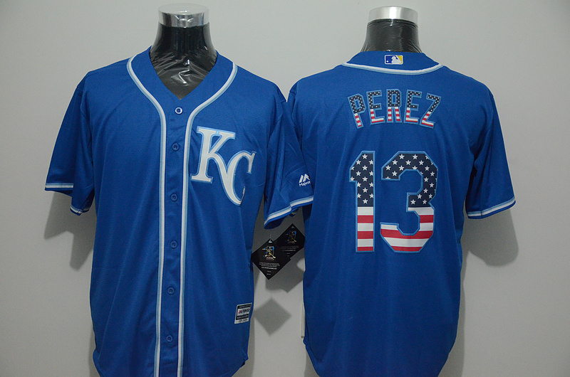 Majestic MLB Kansas City Chiefs #13 Perez Blue USA Flag Jersey