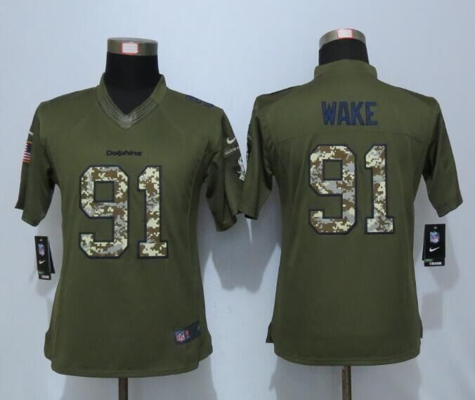 Women New Nike Miami Dolphins 91 Wake Green Salute To Service Limited Jersey