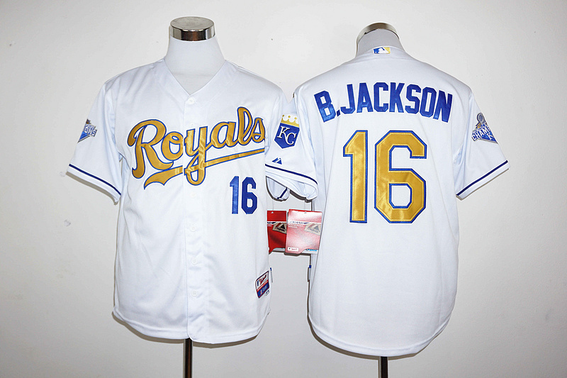 Majestic MLB Kansas City Royals #16 B.Jackson White World Series Champions Gold Jersey