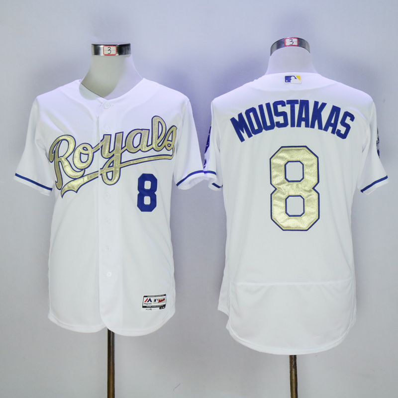Majestic MLB Kansas City Royals #8 Moustakas White Champions Gold Elite Jersey