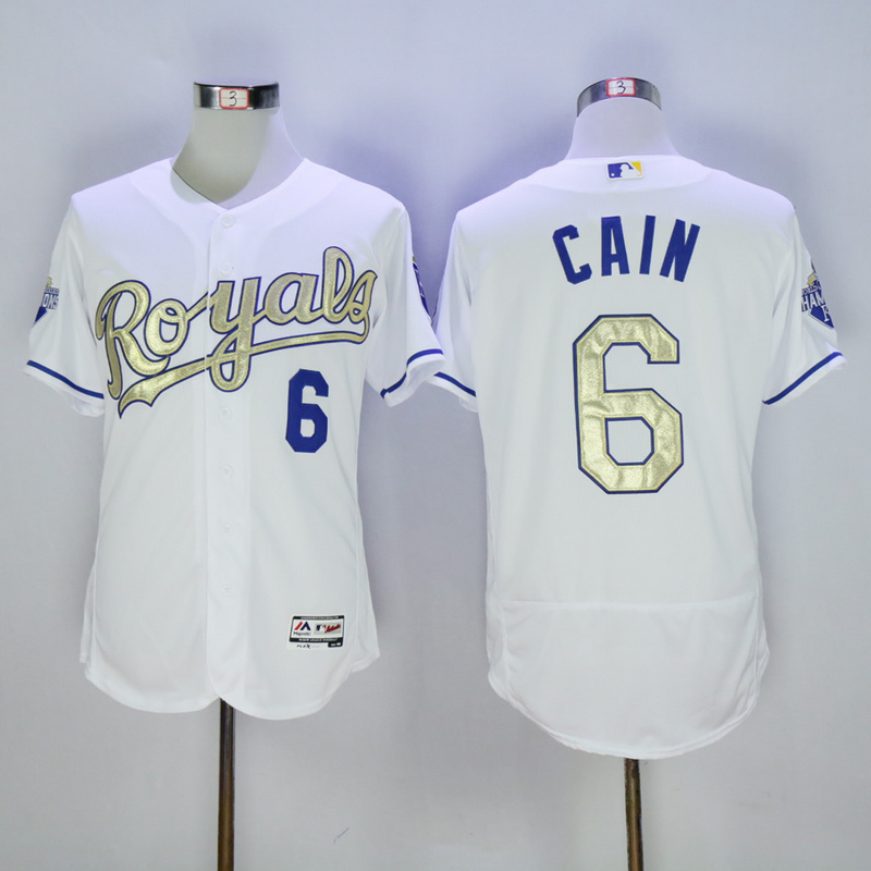 Majestic MLB Kansas City Royals #6 Cain White Champions Gold Elite Jersey