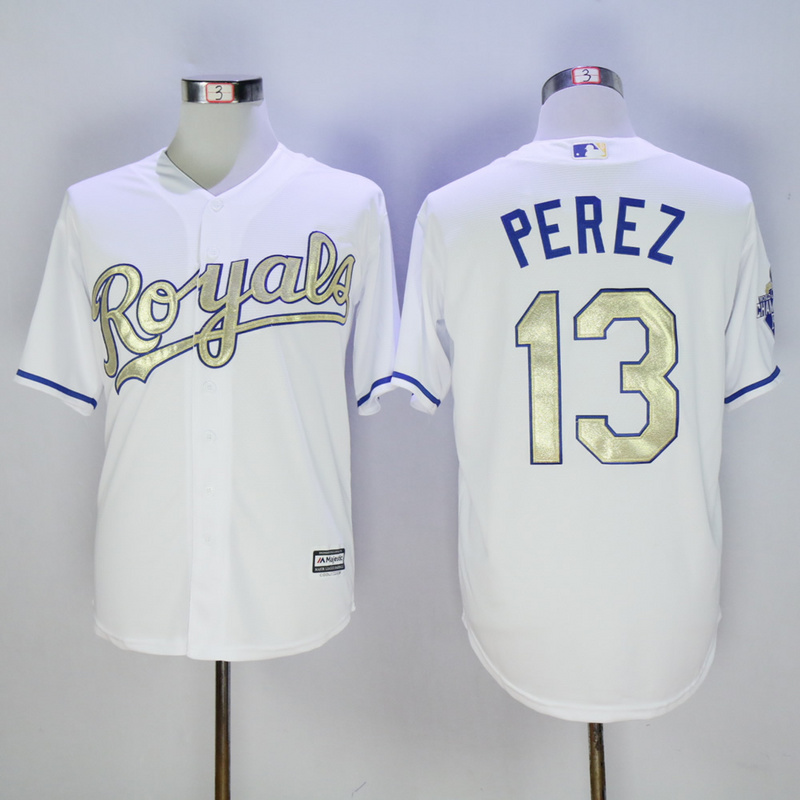 Majestic MLB Kansas City Royals #13 Perez White Champions Gold Jersey