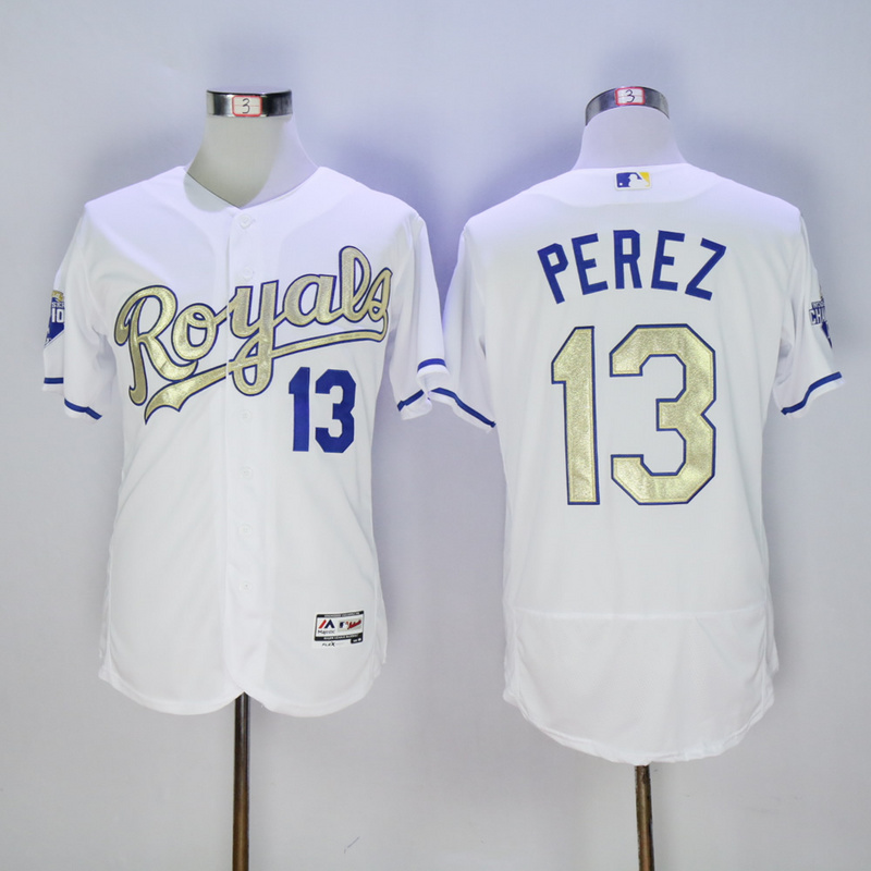 Majestic MLB Kansas City Royals #13 Perez White Champions Gold Elite Jersey