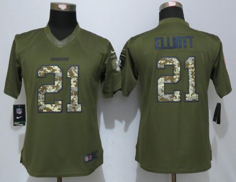 Wonen New Nike Dallas Cowboys 21 Elliott Green Salute To Service Limited Jersey  