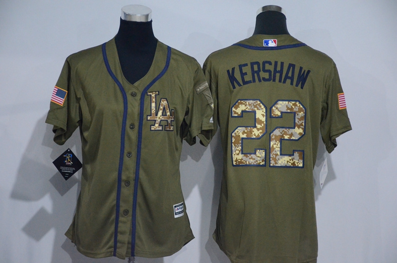 Womens MLB Los Angeles Dodgers #22 Kershaw Green Salute to Service Jersey